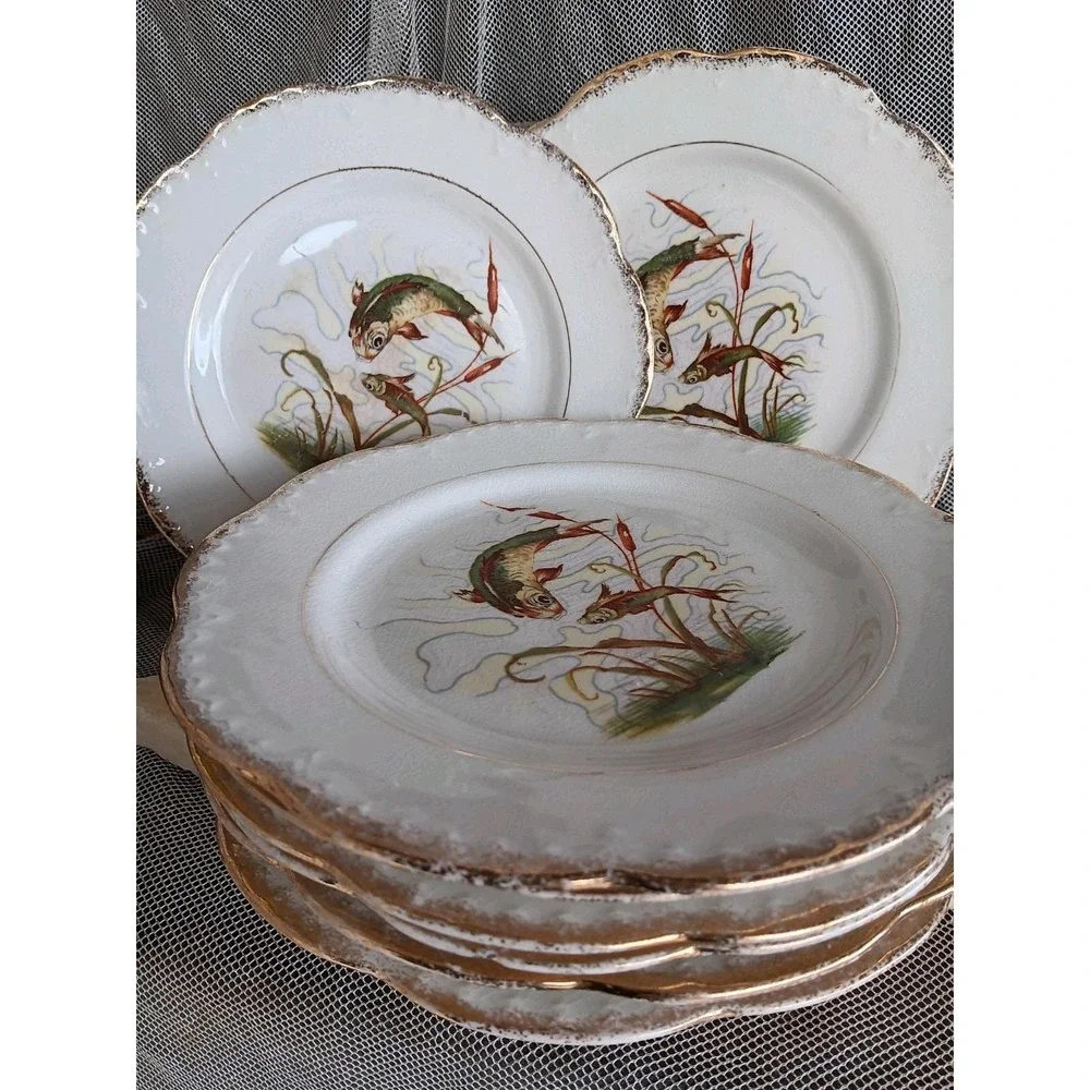 LEBEAU Porcelain Fish Plates French Antique Underwater Asian Style Scene. Set 7